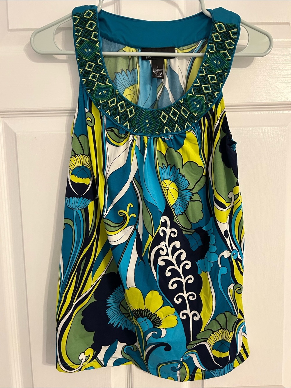 INC International Concepts Teal, Lime & Navy Printed Beaded Neck Tank Top